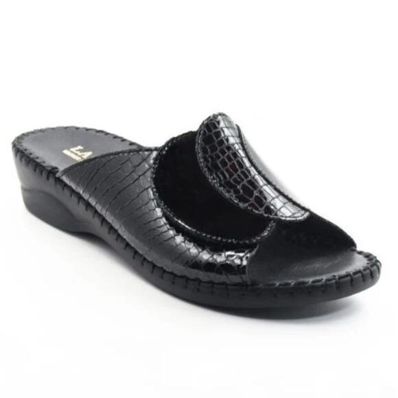 💜SALE: Anthropologie La Plume EU 39/US 8.5 Paola Black Leather Slip On Sandals - Picture 1 of 10